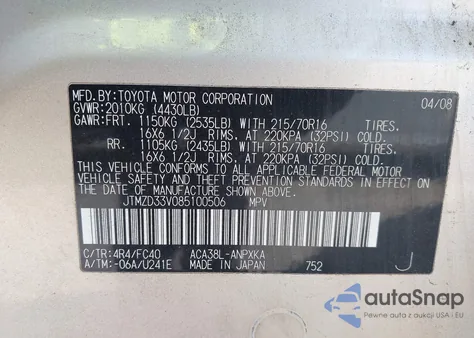 2008 Toyota Rav4 from USA, damaged, VIN JTMZD33V085100506